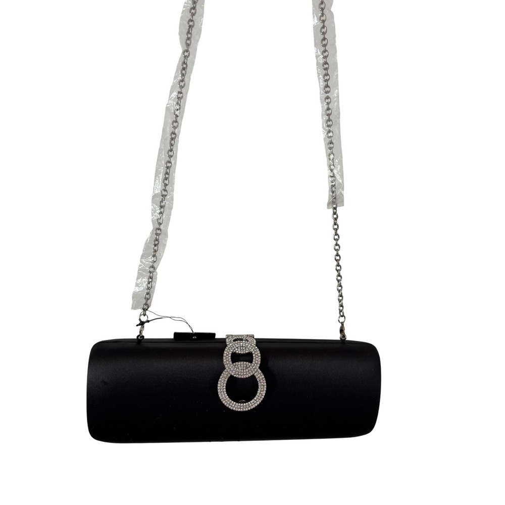 INC International Concepts Satin Isabeel Double Ring Clutch Bag Black NWT